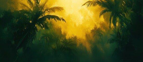 Luminous tropical jungle with dense palm foliage bathing in ethereal sunlight