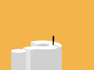 Objective, businessman making a decision standing on a question mark