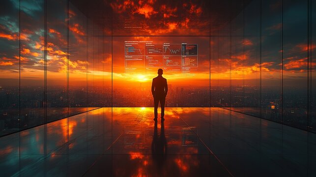 Man in suit stands before large window with data displays overlooking a sunset cityscape view - Powered by Adobe