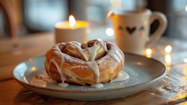 Freshly baked cinnamon roll with gooey icing drizzling down the sides served on a ceramic plate