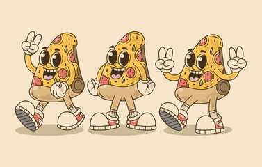 3 pizza slice mascot character with 3 pose, in vintage colors