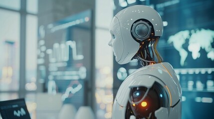 Fototapeta premium Robot Analyzing Global Data in Futuristic Office