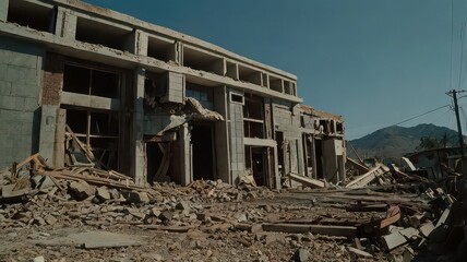 Building destroyed with rubble and mountain in the background under a clear blue sky on a sunny day