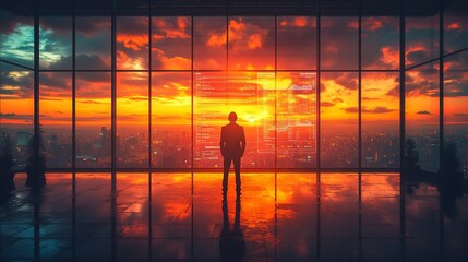 A silhouetted businessman stands at a large window overlooking a city at sunset with data overlays