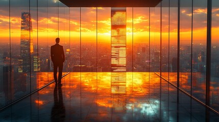 A man in a suit stands in a high rise building looking out over the city at sunset through glass windows