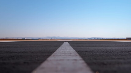 Close-Up View of a Tarmac Runway with a White Centerline Under Clear Blue Sky on a Sunny Day Showing the Vast Empty Airport Landscape