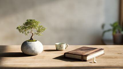 A tranquil and mindful scene for journaling or meditation featuring a bonsai tree, notebook, and tea on a sunlit wooden desk