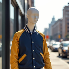 Modern Mannequin Display with Varsity Jacket in City Setting

