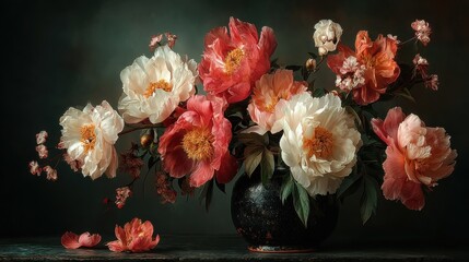 A stunning bouquet of fully-bloomed peonies in shades of white, soft pink, and deep coral, arranged in a dark ornate vase with delicate ruffled petals and vibrant yellow stamens. The arrangement inclu