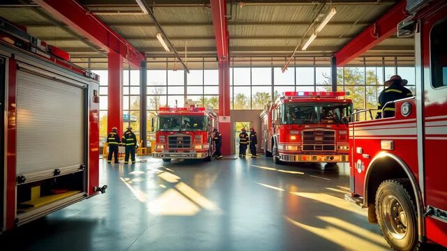 A group of fire trucks are parked in a garage. The trucks are red and yellow, and they are parked in a row. There are several people standing around the trucks