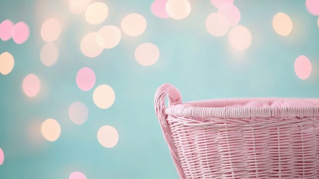 Soft, whimsical image featuring a pink baby cradle basket set against a turquoise backdrop with enchanting bokeh lights, creating a dreamy atmosphere ideal for baby shower or nursery themes