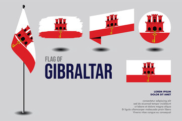 Set of Gibraltar flag in 5 designs: flag on pole, brush stroke, skew, round and standard. vector, flat, isolated on grey background. Perfect for various design projects