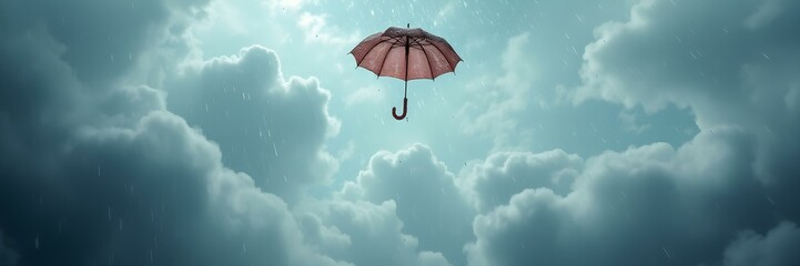 The Umbrella Above the Clouds: An open umbrella floats high above the puffy clouds on a rainy day. The light shines from above, and the scene makes people feel safe.