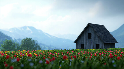 Serene Landscape with Vibrant Flower Field and Rustic Barn Surrounded by Majestic Mountains Under a Blue Sky with Soft Clouds