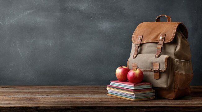 A rustic canvas backpack sits on a wooden desk before a dark grey chalkboard; two red apples rest atop a stack of colorful notebooks