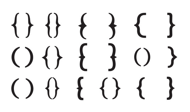 Various stylized brackets and parentheses illustrations representing graphic design elements in black silhouette