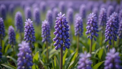 Obraz premium Close Up Background of Purple Muscari Blue Grape Hyacinth Flowers in Field during Spring for Floral and Seasonal Design