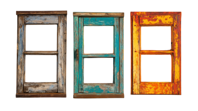old rusty wooden colorful window frames on white background