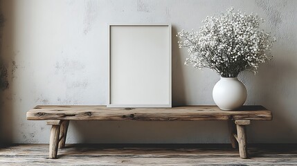 wooden shelf mockup with blank frame and flowers

