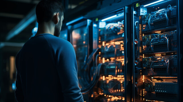 Photo of data center engineer updating servers using portable control panels in a futuristic data center. Back view.