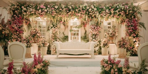 Lavish wedding ceremony setup featuring a white sofa centered beneath a floral archway, flanked by lush pastel pink and white flower arrangements, and elegant white chairs