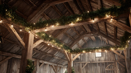 Fototapeta premium Cozy Rustic Barn Interior Adorned with Twinkling Fairy Lights and Lush Green Garlands, Creating a Warm and Inviting Atmosphere Perfect for a Special Event or Celebration with Charming Old-World Charm