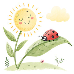 Cheerful Clipart of Ladybugs Watercolor Sun and Ladybug on Leaf