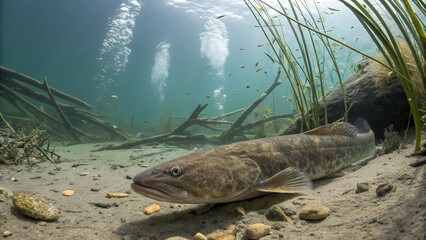 Obraz premium Burbot Underwater in Freshwater Lake with Natural Habitat Details