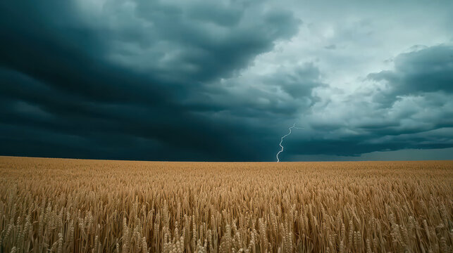 Dramatic Thunderstorm Over Golden Wheat Field with Dark Clouds and Flash of Lightning Illuminating the Stormy Sky in a Rural Landscape