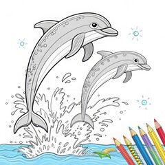 Naklejka premium Playful Dolphins Jumping Above Waves with Colorful Pencils Below
