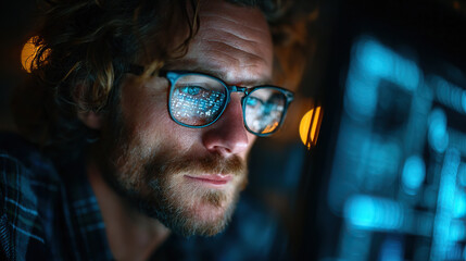 Tech professional analyzing data with holographic interface, symbolizing innovation in digital workspaces