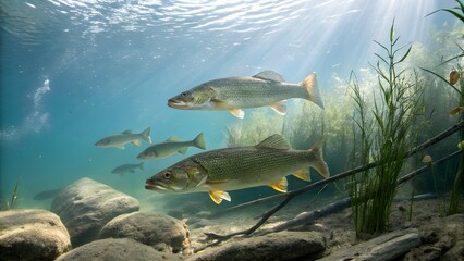 Shoal of Saugeye and Freshwater Fish in Natural Lake Environment