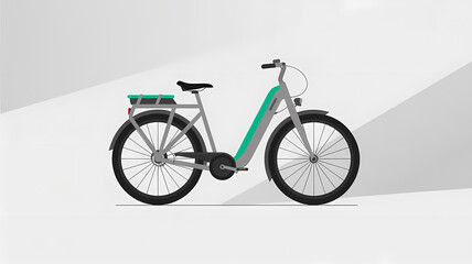 Fototapeta premium Flat Design Illustration of a Modern Electric Bicycle with Sleek Silver Frame, Teal Accents, and Streamlined Silhouette on White Gradient Background