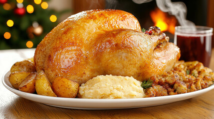 Golden Brown Roast Turkey on Serving Platter Surrounded by Festive Side Dishes and Holiday Decorations for Family Dinner Celebration