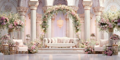 Opulent wedding stage A lavish, floral arch frames a white sofa, flanked by pink armchairs, all within a grand, columned hall