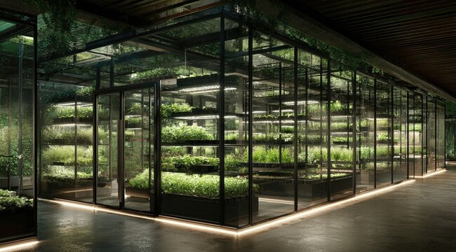 Indoor vertical farm with tiered shelving, lush greenery under artificial lighting, enclosed in a glass structure with dark metal framework, illuminated by ambient floor lighting