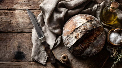 Rustic still life of a freshly baked crusty sourdough bread loaf on a dark wooden table with olive oil and salt.