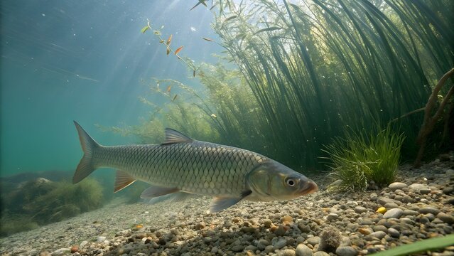 Realistic Grass Carp Swimming Near Riverbank With Aquatic Plants