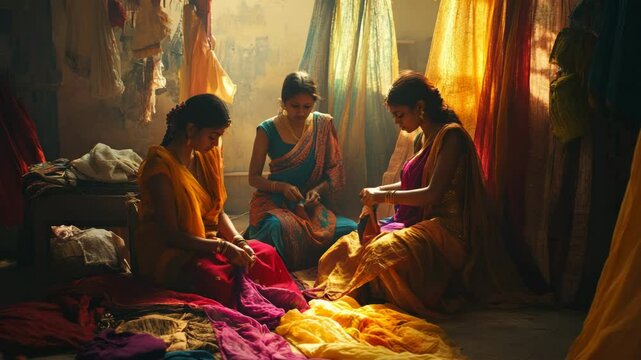 Three women sitting on the floor, surrounded by colorful fabrics. Scene is warm and inviting, as the women seem to be enjoying each other's company while working on their projects