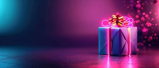 Christmas neon background with gift box