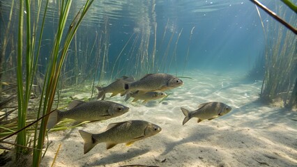 Obraz premium Realistic Group of Warmouth Fish Swimming in Freshwater Lake Environment