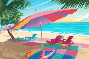 Tropical Summer Beach Illustration with Coconut Drink, Palm Trees, and Sunset

