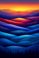 Colorful layered mountain range at sunset