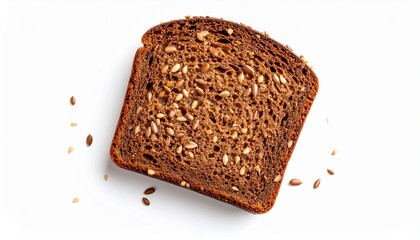 Square slice of dark brown bread with seeds isolated white background