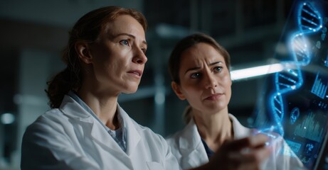 Fototapeta premium Two female scientists lab coats are collaborating project, analyzing holographic DNA structure with focused expressions. Their teamwork highlights innovation and dedication scientific research