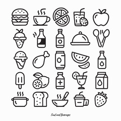 A clean set of 25 food and beverage line icons, created from an AI-generated concept and professionally vectorized for commercial use. Ideal for menu designs, UI/UX interfaces, packaging, etc
