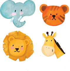 Watercolor safari animals for invitation card, nursery poster. Jungle, tropical illustration for nursery wallpaper, set of cute animals in watercolor style. african wild animal isolated	
