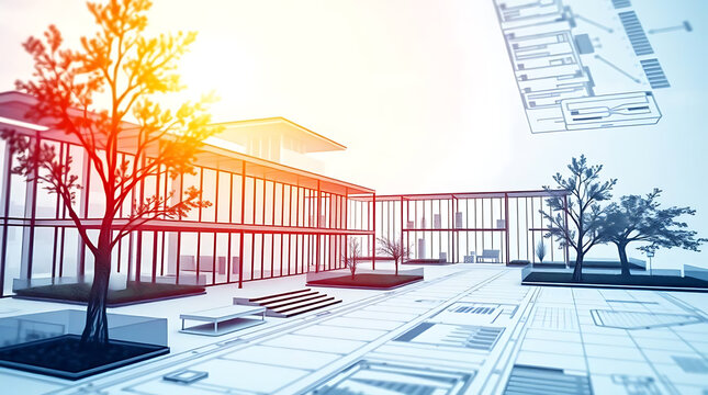 Modern Building with Trees Architectural Render - Powered by Adobe