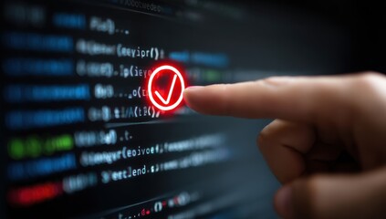Fingertip points to glowing red checkmark over computer code
