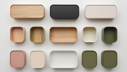 Collection of empty rectangular and square boxes in various colors and materials